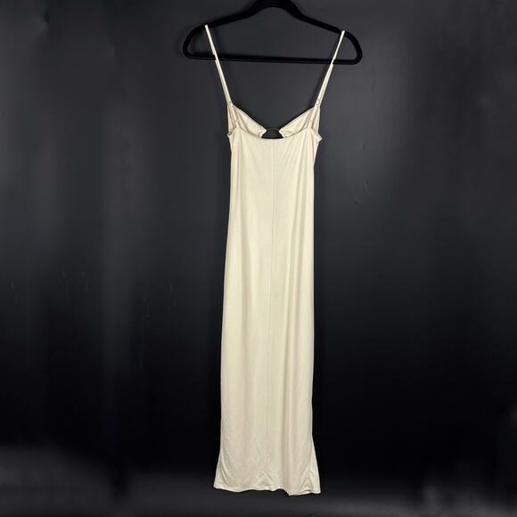 Camila Coelho Yasmeen Midi Dress Cream Jersey Metallic Rings Ruched Sz L - Picture 5 of 10